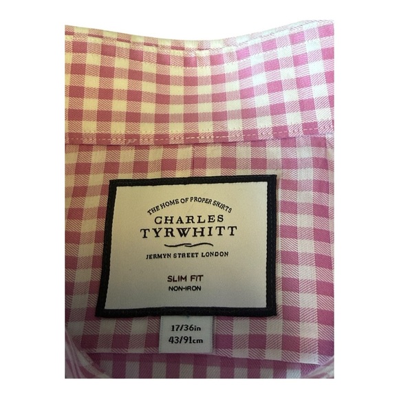 Charles Tyrwhitt Shirt Mens 17/36 Pink Gingham Check Non Iron Slim Fit - Picture 3 of 9